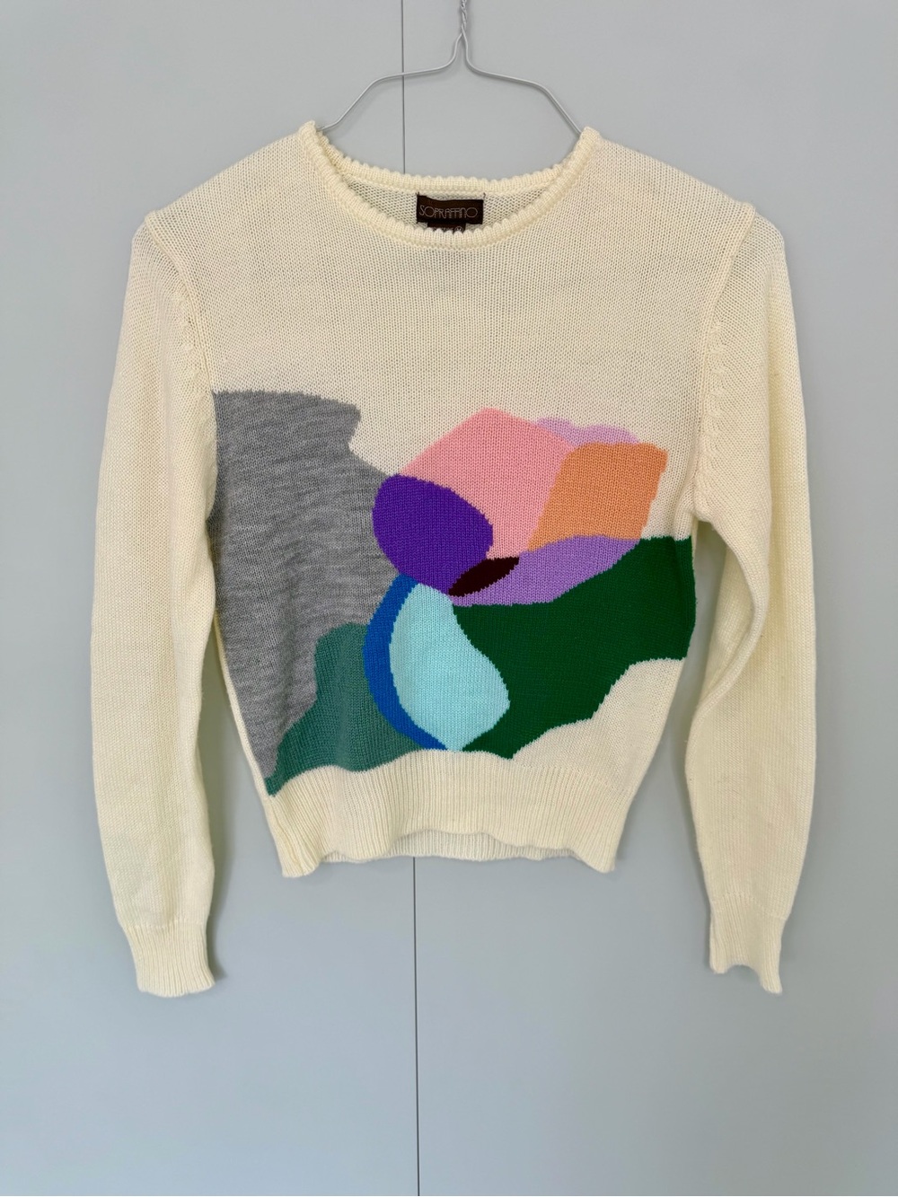 SOPRAFFINO Women’s Vintage Abstract Design Intarsia Knit Sweater in Cream